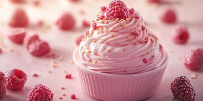 Delicious raspberry swirl dessert topped with vibrant raspberries and golden crumbs photo