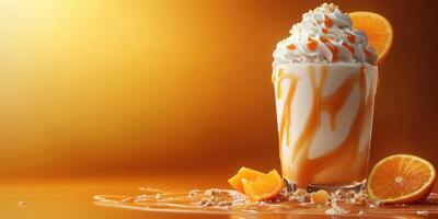 Creamy dessert drink topped with orange slices and whipped cream on a golden backdrop photo
