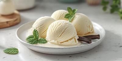 Delicious vanilla ice cream scoops served with fresh mint on a white plate photo