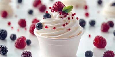 Frothy dessert topped with fresh berries and mint served in a white cup photo