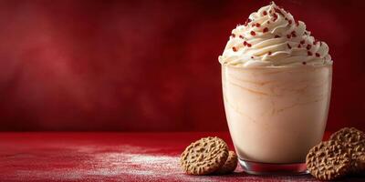 Creamy dessert topped with whipped cream and sprinkles served alongside cookies against a red background photo
