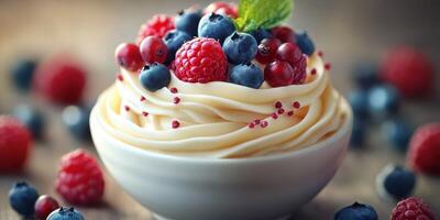 Delicious frozen yogurt topped with fresh berries on a wooden table photo
