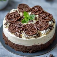 Delicious chocolate dessert with intricate designs garnished with mint leaves on a dark background photo