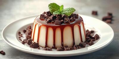 Delicious dessert featuring creamy panna cotta topped with rich chocolate chunks and mint garnish on a white plate photo