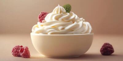 Whipped cream topped with fresh raspberries in a simple bowl on a neutral background photo