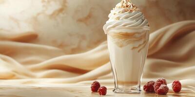 Creamy dessert with swirls presented in a clear glass, garnished with nuts and berries on a soft background photo