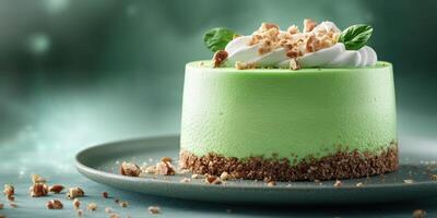Delightful green dessert garnished with cream and crunchy topping served on a plate photo