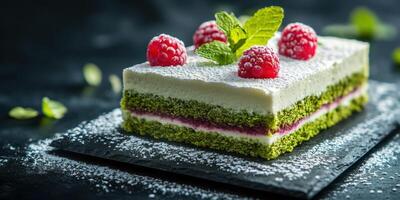 Layered cake with fresh raspberries and mint served on a black slate plate during a special event photo