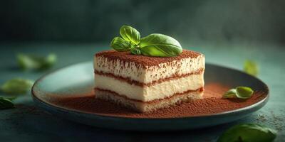 Delicious tiramisu dessert with fresh basil leaves served on a dark plate photo