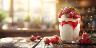 Delicious strawberry parfait with whipped cream served in a glass on a rustic wooden table during golden hour photo