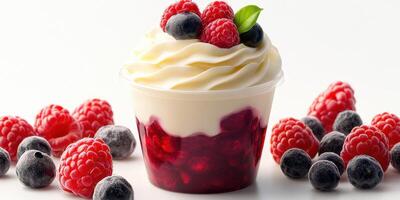 Delicious dessert with creamy layers and fresh berries served in a clear cup at a cafe setting photo
