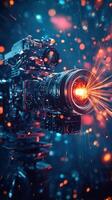 Creative camera lens capturing vibrant light bursts in a futuristic setting during an artistic project photo