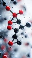 3D representation of a molecular structure with vibrant red, black, and white spheres in focus photo