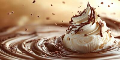 Swirls of creamy whipped cream atop rich chocolate sauce with chocolate shavings in a decadent dessert creation photo