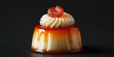 Delicious caramel dessert topped with cream and candy on a dark surface photo