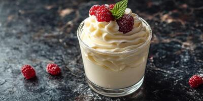 Delicious dessert served in glass with whipped cream and fresh raspberries on a dark textured surface photo