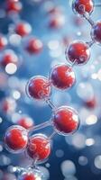 Molecular structure featuring red and clear spheres on a blue background creating a striking visual representation of science photo
