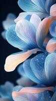Beautiful blue and pink petals shimmer against a dark backdrop in an artistic floral display photo
