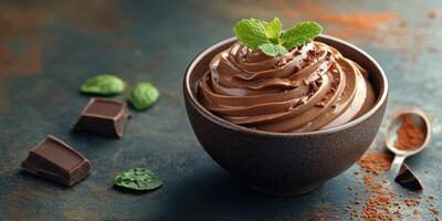 Chocolate mousse with mint leaves and cocoa powder on a textured background, served in a brown bowl with chocolate pieces photo