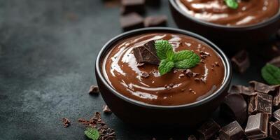 Decadent chocolate mousse in bowls garnished with mint leaves and dark chocolate on a dark surface photo