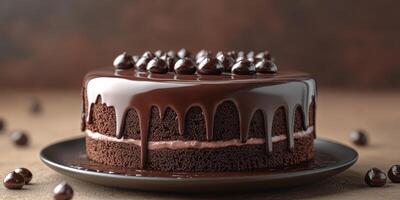 Delicious chocolate cake with glossy ganache and chocolate pearls on a dark plate against a rustic background photo