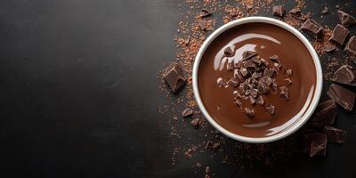 Rich dark chocolate in a bowl with chocolate pieces scattered on a black surface, perfect for desserts or baking activities photo