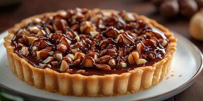 Decadent chocolate almond tart displayed on a wooden table with a soft focus background photo