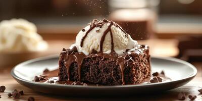 Delicious chocolate cake topped with vanilla ice cream and chocolate drizzle on a wooden table photo