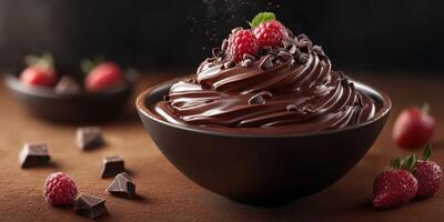 Delicious chocolate mousse topped with fresh raspberries and chocolate shavings in a cozy setting photo