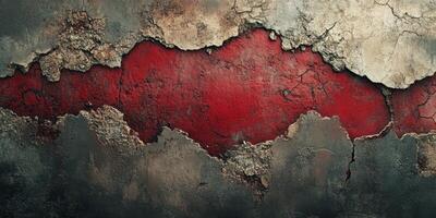 Cracked wall revealing red paint beneath worn surface in urban setting photo