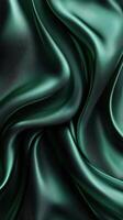 Shimmering dark green satin fabric draped elegantly in soft folds capturing light at a close perspective photo