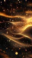Sparkling golden waves create a mesmerizing visual effect with shimmering particles floating in the dark background photo