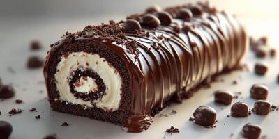 Chocolate dessert roll with cream filling and chocolate drizzle on a neutral background photo