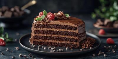 Decadent chocolate layer cake with raspberries and mint on a dark table setting photo