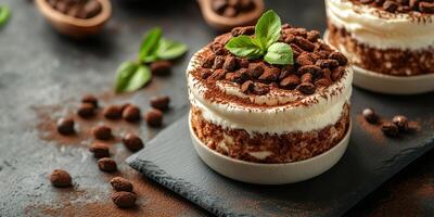 Delicious dessert made with layers of cream, cocoa, and coffee beans on a dark countertop photo