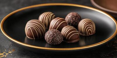 Delicious assorted chocolate truffles on a black plate featuring elegant designs and textures photo
