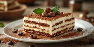 Delicious layered dessert served on a white plate garnished with mint and coffee beans in a cozy setting photo