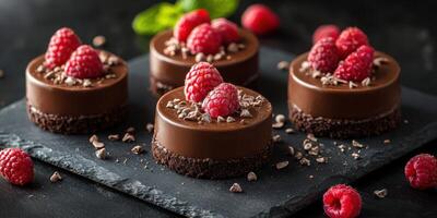 Delicious chocolate dessert topped with fresh raspberries on a dark slate platter photo