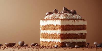 Delicious layered dessert with cream and chocolate garnishes displayed on a neutral background photo