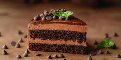 Decadent chocolate cake slice garnished with chocolate chips and fresh mint on a wooden surface photo