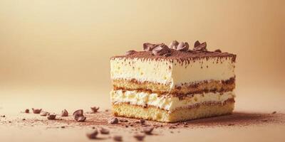 Delicious classic dessert featuring layers of cream, sponge cake, and cocoa on a soft backdrop photo