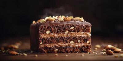 Rich chocolate cake layered with creamy filling and topped with nuts on a wooden table photo