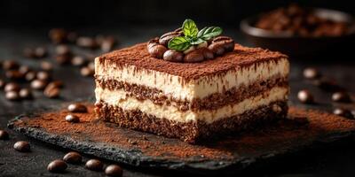 Delicious chocolate dessert served on a slate plate garnished with mint leaves and coffee beans photo