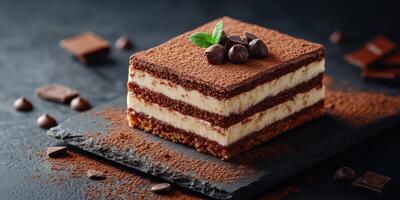 Delicious layered dessert with chocolate, cream, and cocoa served on a slate plate in a dark setting photo