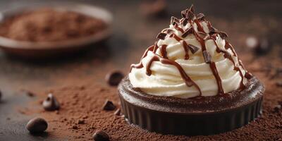 Indulgent chocolate dessert topped with whipped cream and drizzled chocolate in a dark setting photo
