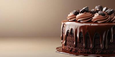 Chocolate cake with creamy frosting and chocolate drizzle on a neutral background photo