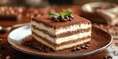 Delicious dessert served on a plate with cocoa powder, coffee beans, and a mint leaf in a cozy setting photo