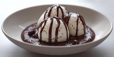 Indulging in a dessert bowl of three scoops of vanilla ice cream topped with rich chocolate sauce photo