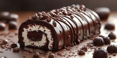 Delicious chocolate and cream rolled cake adorned with chocolate sprinkles on a wooden table photo