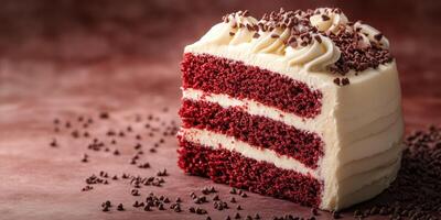 Savory red velvet cake slice displayed with chocolate shavings on a textured brown background photo